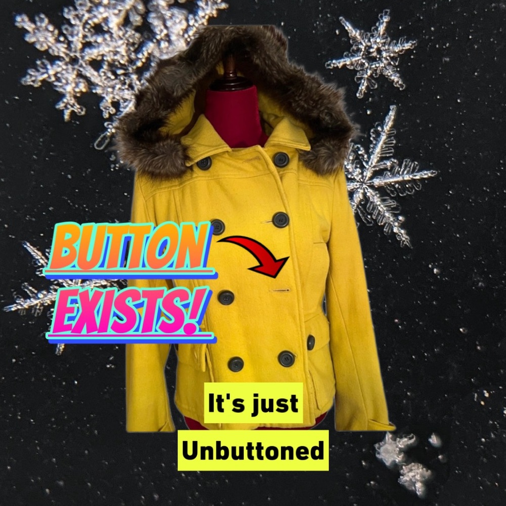 SALE $18 YELLOW WOOL REMOVABLE FUR TRIMMED HOOD COAT 100% LINED